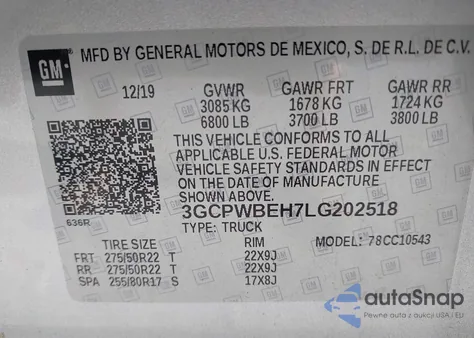 2020 Chevrolet Silverado 1500 2Wd Short Bed Custom from USA, damaged, VIN 3GCPWBEH7LG202518